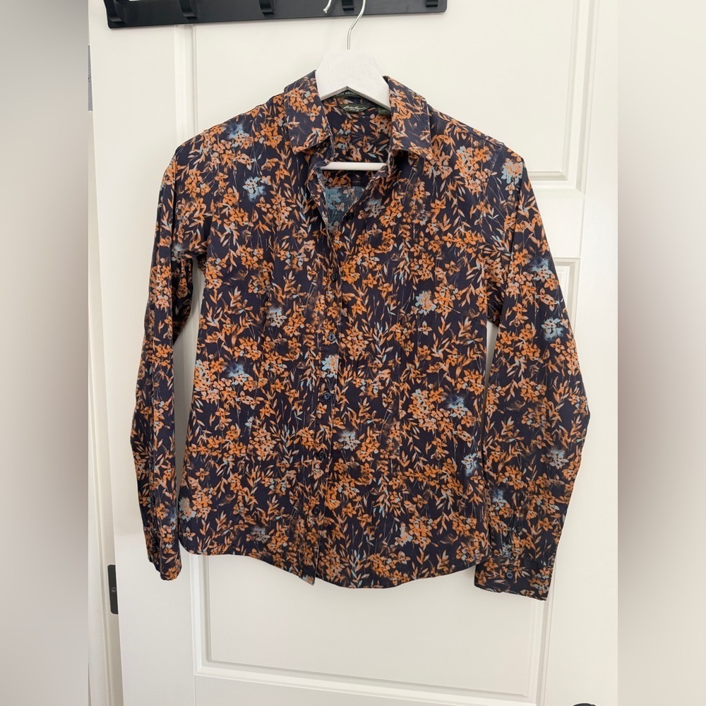 Eddie Bauer Navy and Orange Floral Wrinkle Resistant Shirt